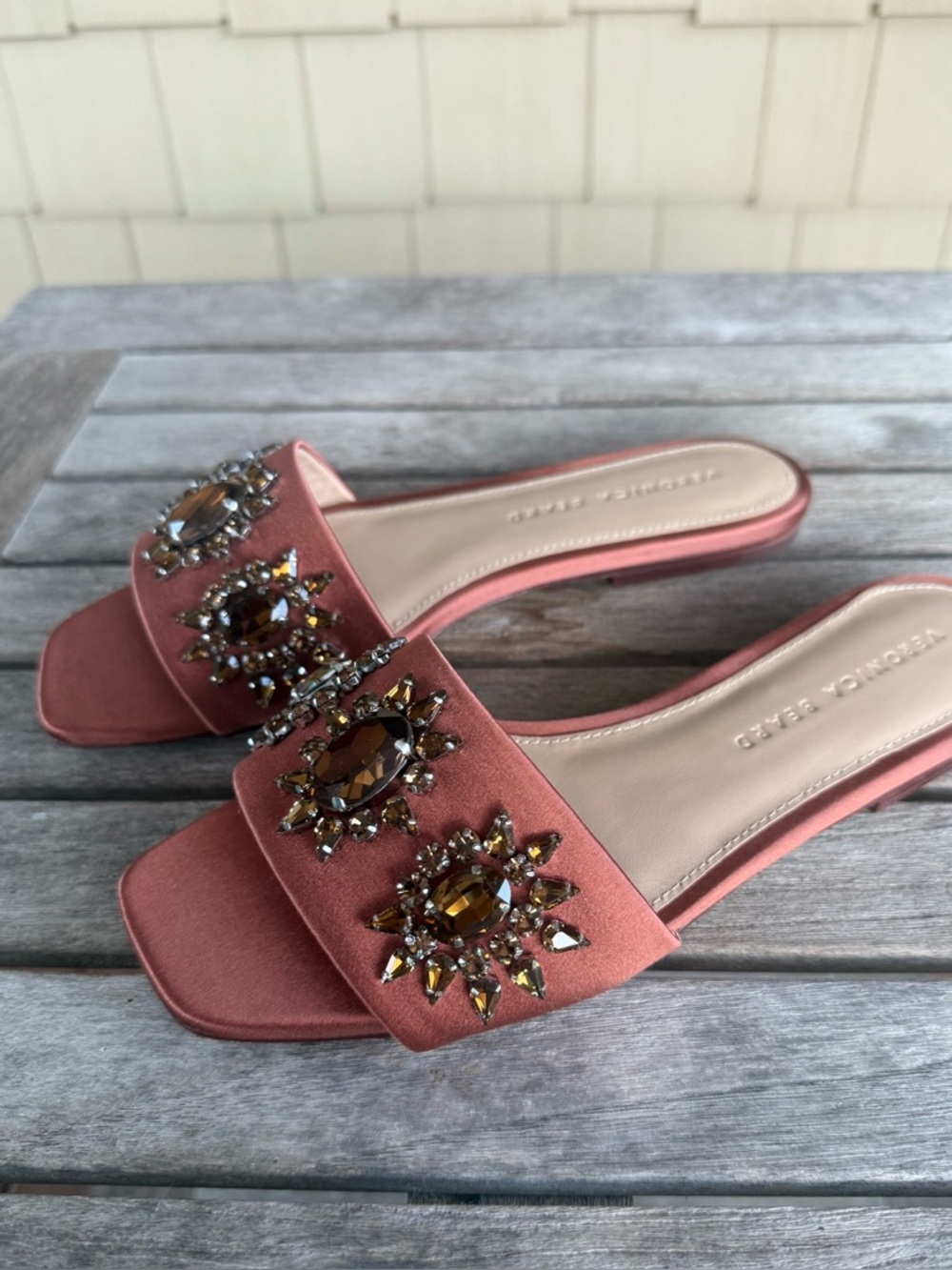 Veronica Beard Maggie Crystal Embellished Slide Sandals Redwood Sz 7 NIB
